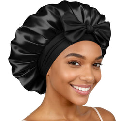 Bonnet Queen Silk Bonnet for Sleeping Women, Satin Hair Bonnet with Adjustable Tie Band, Double Layer Sleep Cap that Stays On Overnight for Curly Hair, Braids, Wigs and Natural Hair, Medium Black