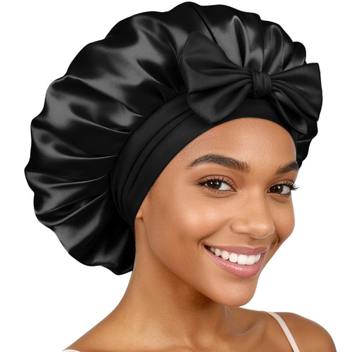 Bonnet Queen Silk Bonnet for Sleeping Women, Satin Hair Bonnet with Adjustable Tie Band, Double Layer Sleep Cap that Stays On Overnight for Curly Hair, Braids, Wigs and Natural Hair, Medium Black