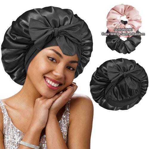 BONNET QUEEN Silk Bonnet for Sleeping Women HYALURONIC Acid Reversible Double Layer Satin Bonnet Night Sleep Cap Wrap for Curly Hair with Adjustable Tie Band & Scrunchie,Black Haircare Heatless  curly hairstyle adjustable night breathable hair care bonnet