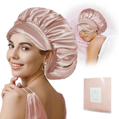 BONNET QUEEN Satin Bonnet with Eye Mask for Women - Champagne Color Silk Hair Care Cap with Non-Slip Elastic Bands & Machine Washable Design for Curly Hair Bn006-Champagne Color-M