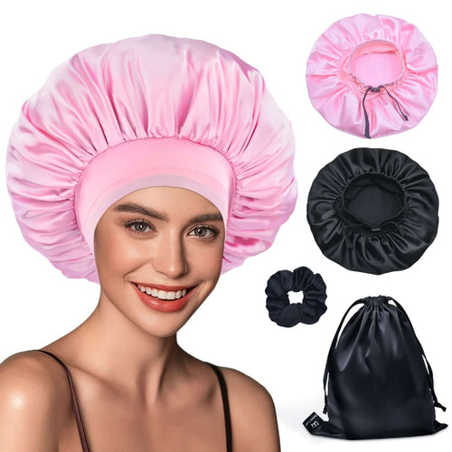 Elastic band adjustable Silk Satin Bonnet Night Cap(Large, Black+Pink, 4pcs Item Gift Pack)