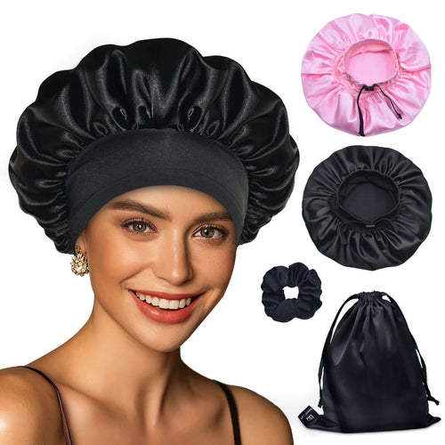 Elastic band adjustable Silk Satin Bonnet Night Cap(Black+Pink, 4pcs Item Gift Pack)