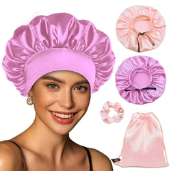 Elastic band adjustable Silk Satin Bonnet Night Cap(Jade+Dark Rose Gold, 4pcs Item Gift Pack) - BONNET QUEEN