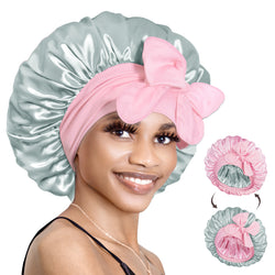 Double Satin Reversible Women's Silk Bonnet Nightcap with Tie Band Pink Silver - BONNET QUEEN