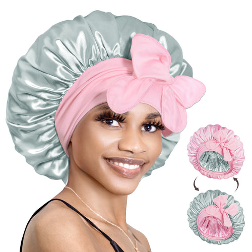 Double Satin Reversible Women's Silk Bonnet Nightcap with Tie Band Pink Silver - BONNET QUEEN