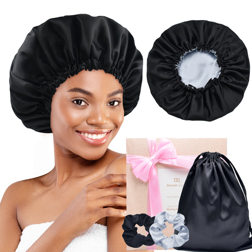 Silk Satin Bonnet Double Layer Reversible Hair Bonnet Elastic Sleep Cap with 2 Scrunchies & 1 Satin Bag Black Silver Grey