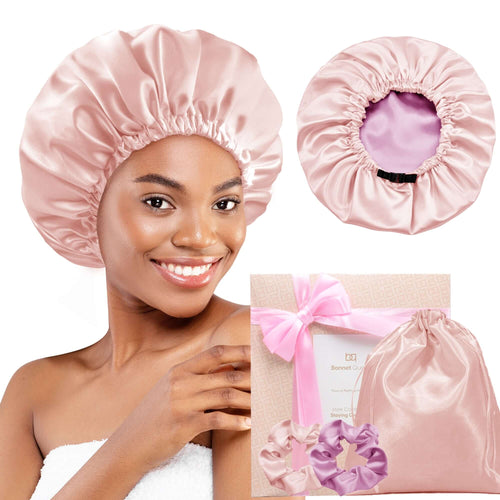 Silk Satin Bonnet Double Layer Reversible Hair Bonnet Elastic Sleep Cap with 2 Scrunchies & 1 Satin Bag Jade