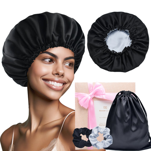 Silk Satin Bonnet Double Layer Reversible Hair Bonnet Elastic Sleep Cap with 2 Scrunchies & 1 Satin Bag Black Silver Grey