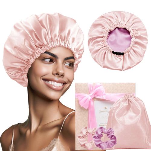 Silk Satin Bonnet Double Layer Reversible Hair Bonnet Elastic Sleep Cap with 2 Scrunchies & 1 Satin Bag Jade