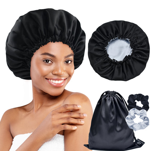 Silk Satin Bonnet Double Layer Reversible Hair Bonnet Elastic Sleep Cap with 2 Scrunchies & 1 Satin Bag Black Silver Grey