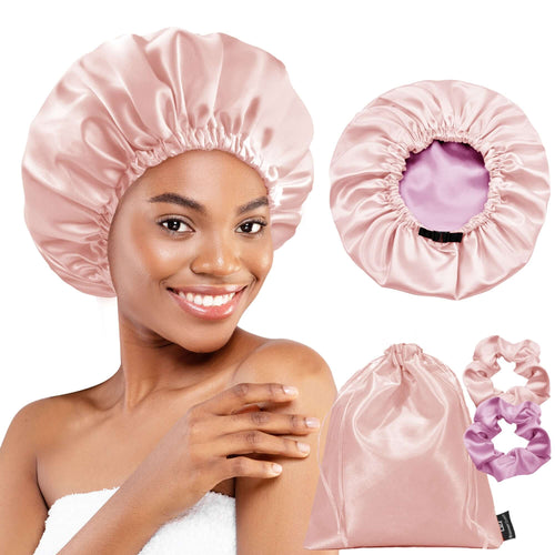 Silk Satin Bonnet Double Layer Reversible Hair Bonnet Elastic Sleep Cap with 2 Scrunchies & 1 Satin Bag Jade