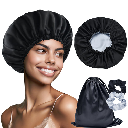 Silk Satin Bonnet Double Layer Reversible Hair Bonnet Elastic Sleep Cap with 2 Scrunchies & 1 Satin Bag Black Silver Grey