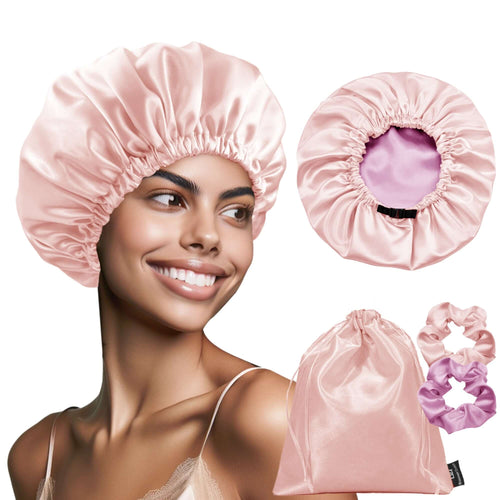 Silk Satin Bonnet Double Layer Reversible Hair Bonnet Elastic Sleep Cap with 2 Scrunchies & 1 Satin Bag Jade