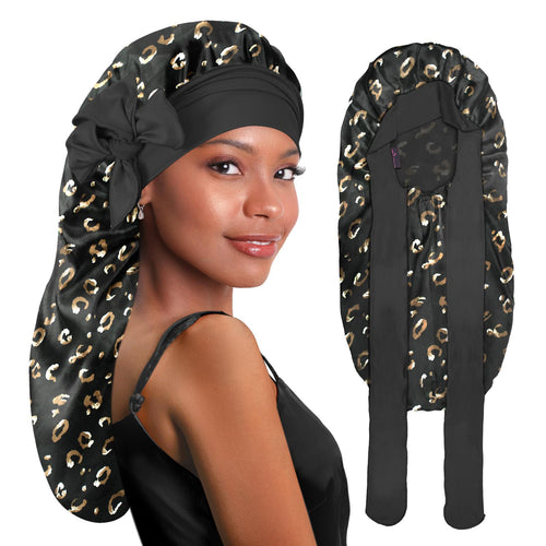 BONNET QUEEN Black Medium Adjustable Elastic Band Satin Bonnet for Sleeping Long Hair Braids Dreadlocks Heatless Beanie Cap Haircare - Black,Medium