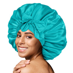 Single Layer Silk Satin Tie Bonnet Large Aqua Blue - BONNET QUEEN