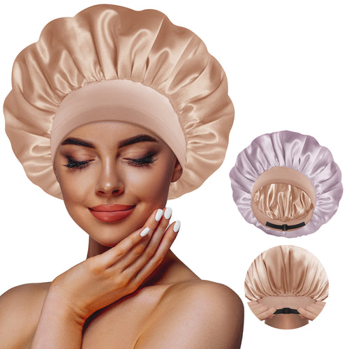 Adjustable Double-Layer Women's Satin Silk Bonnet Nightcap Champagne Gray Rose Gold - BONNET QUEEN