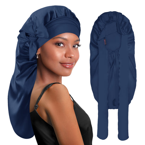 BONNET QUEEN Black Satin Bonnet - Adjustable Elastic Hair Cap for Sleeping Braids Long Hair