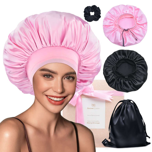 Elastic band adjustable Silk Satin Bonnet Night Cap(Large, Black+Pink, 4pcs Item Gift Pack)