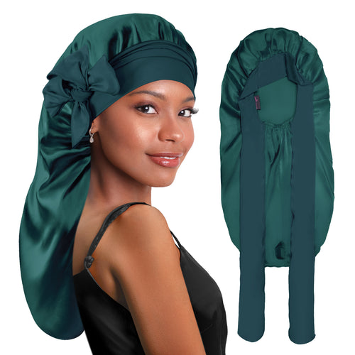 BONNET QUEEN Black Satin Bonnet - Adjustable Elastic Hair Cap for Sleeping Braids Long Hair