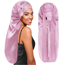 Extra Long Silk Braid Bonnet Nightcap with Tie Band Light Rose Gold - BONNET QUEEN