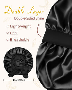 Bonnet Queen Silk Bonnet for Sleeping Women, Satin Hair Bonnet with Adjustable Tie Band, Double Layer Sleep Cap that Stays On Overnight for Curly Hair, Braids, Wigs and Natural Hair, Medium Black