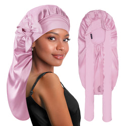 Long Silk Braid Bonnet Nightcap with Tie Band Light Rose Gold - BONNET QUEEN