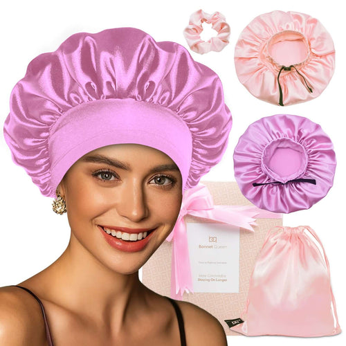 Elastic band adjustable Silk Satin Bonnet Night Cap(Jade+Dark Rose Gold, 4pcs Item Gift Pack)