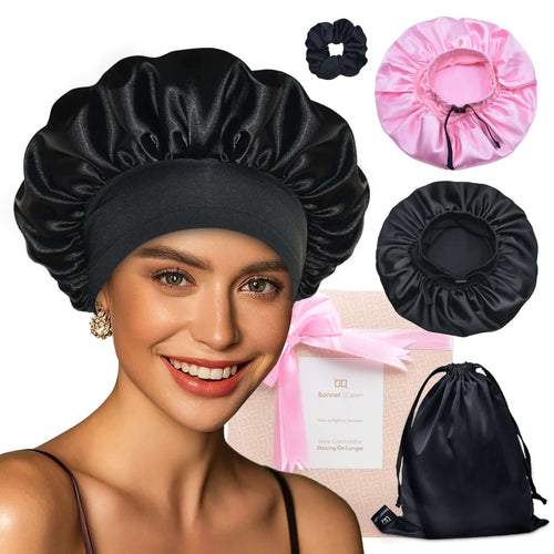 Elastic band adjustable Silk Satin Bonnet Night Cap(Black+Pink, 4pcs Item Gift Pack)