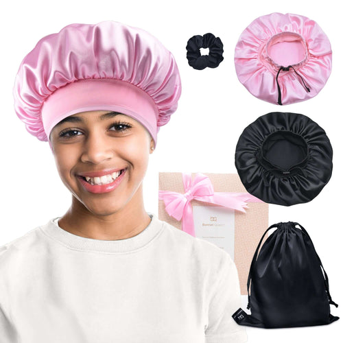 Elastic band adjustable Silk Satin Bonnet Night Cap(Black+Pink, 4pcs Item Gift Pack)