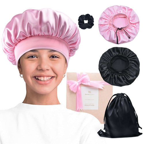 Elastic band adjustable Silk Satin Bonnet Night Cap(Black+Pink, 4pcs Item Gift Pack)