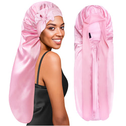 Extra Long Silk Braid Bonnet Nightcap with Tie Band Pink - BONNET QUEEN