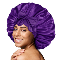 Single Layer Silk Satin Tie Bonnet Large Purple - BONNET QUEEN