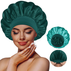 Adjustable Double-Layer Women's Satin Silk Bonnet Nightcap Darkish Green Aqua - BONNET QUEEN