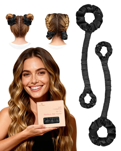 BONNET QUEEN Satin Heatless Hair Curler Set - Large Champagne Silk Ribbon Curling Rod & Scrunchies for Big Curls