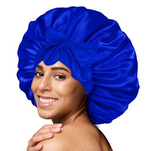 Single Layer Silk Satin Tie Bonnet Large Navy Blue - BONNET QUEEN