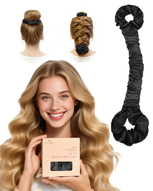 BONNET QUEEN Satin Heatless Hair Curler Set - Large Champagne Silk Ribbon Curling Rod & Scrunchies for Big Curls