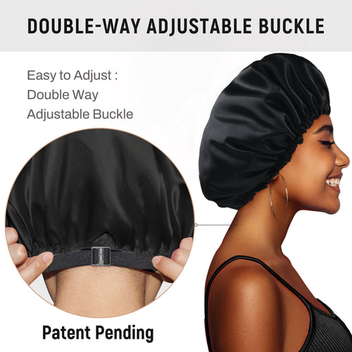 Silk Satin Bonnet Double Layer Reversible Hair Bonnet Elastic Sleep Cap with 2 Scrunchies & 1 Satin Bag Black Silver Grey