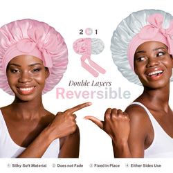 Double Satin Reversible Women's Silk Bonnet Nightcap with Tie Band Pink Silver - BONNET QUEEN