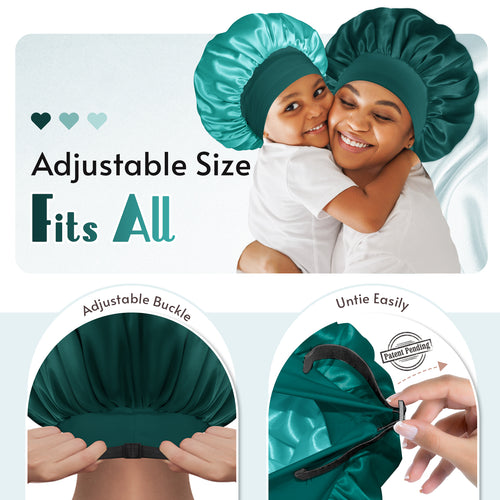 Adjustable Double-Layer Women's Satin Silk Bonnet Nightcap Darkish Green Aqua - BONNET QUEEN