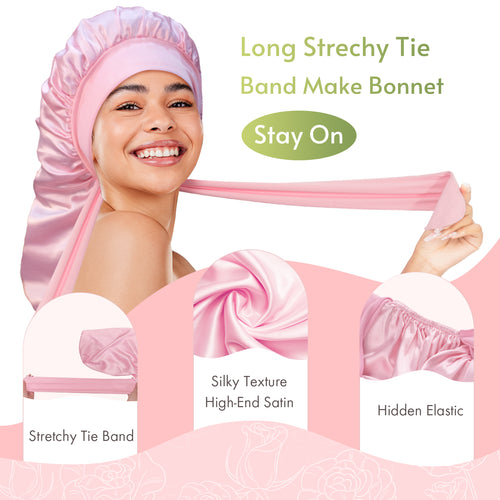 BONNET QUEEN Black Satin Bonnet - Adjustable Elastic Hair Cap for Sleeping Braids Long Hair