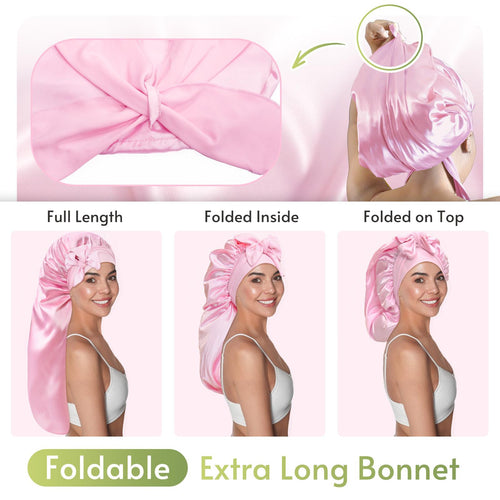 BONNET QUEEN Braid Bonnet Silk Bonnet Foldable Extra Long Bonnet for Braids Satin Bonnet for Sleeping Hair Bonnet with Tie Band Long Sleep Cap Haircare Heatless beanie