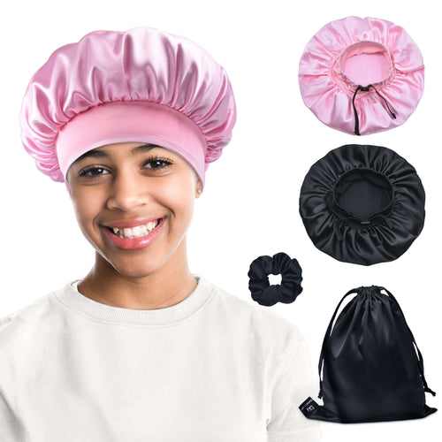 Elastic band adjustable Silk Satin Bonnet Night Cap(Black+Pink, 4pcs Item Gift Pack)