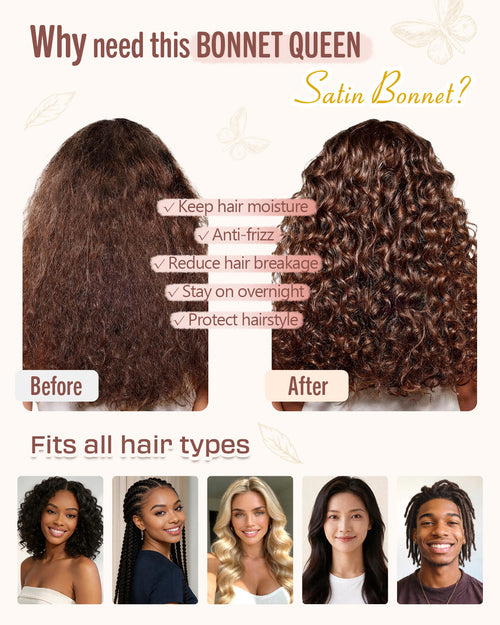 Bonnet Queen Silk Bonnet for Sleeping Women, Satin Hair Bonnet with Adjustable Tie Band, Double Layer Sleep Cap that Stays On Overnight for Curly Hair, Braids, Wigs and Natural Hair, Medium Black