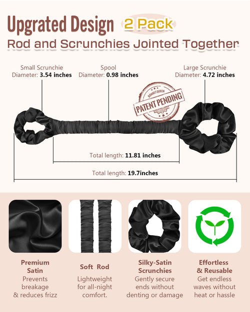 BONNET QUEEN Satin Heatless Hair Curler Set - Large Champagne Silk Ribbon Curling Rod & Scrunchies for Big Curls