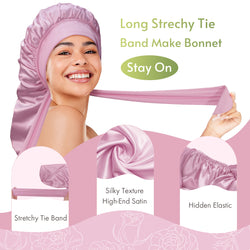 Long Silk Braid Bonnet Nightcap with Tie Band Light Rose Gold - BONNET QUEEN