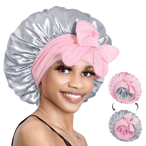 BONNET QUEEN Reversible Silk Bonnet for Sleeping Double Layer Satin Hair Adjustable Tie Bonnets Lined Night Wrap Women Grey,Pink&silver(double Layer&reversible) Haircare Heatless hats men bonnetsilk