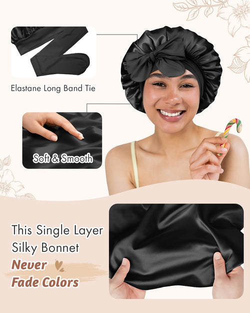 2Pcs Pack Satin Bonnet with Tie Band for Women Curly Hair - BONNET QUEEN