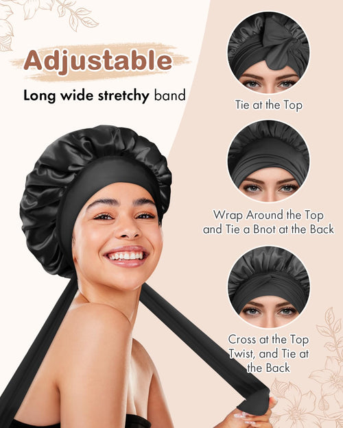 2Pcs Pack Satin Bonnet with Tie Band for Women Curly Hair - BONNET QUEEN