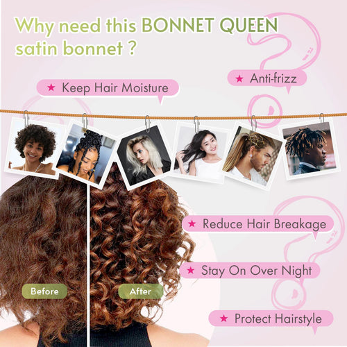 BONNET QUEEN Satin Night Cap Silky Bonnet for Sleeping Hair Bonnet Tie Bonnet for Women with Stretch Band Natural Hair Adjustable Haircare Heatless Bn001-Hot Pink-M