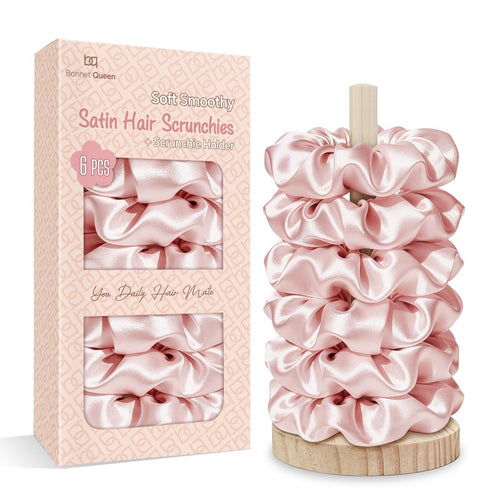 BONNET QUEEN Hair Ties for Women – Satin Scrunchies, 6-Pack with Holder – Silk Scrunchies No Crease, Strong Hold to Prevent Hair Breakage & Frizz, Soft Scrunchies for Sleeping & Everyday – Black